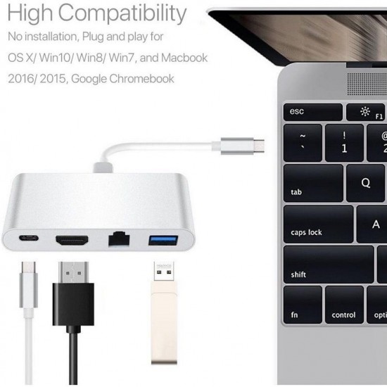 Alfais 4771 USB 3.1 Type C To Hdmi Usb 3.0 Gigabit Ethernet Çevirici Dönüştürücü Adaptör