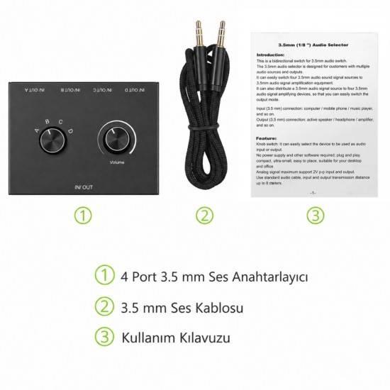 Alfais 6078 Ses Kulaklık Hoparlör 4 Port Aux Switch Çoklayıcı Çevirici 3.5mm Stereo Audio Seçici