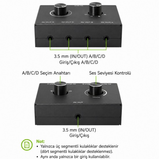 Alfais 6078 Ses Kulaklık Hoparlör 4 Port Aux Switch Çoklayıcı Çevirici 3.5mm Stereo Audio Seçici