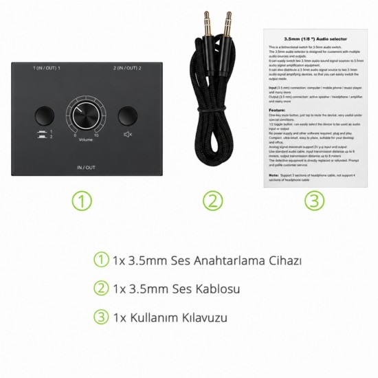 Alfais 6077 Ses Kulaklık Hoparlör 2 Port Aux Switch Çoklayıcı Çevirici 3.5mm Stereo Audio Seçici
